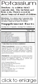 Potassium Food Supplement: An all natural vitamin store with iron food supplement, magnesium food supplement, potassium food supplement and silica food supplement.